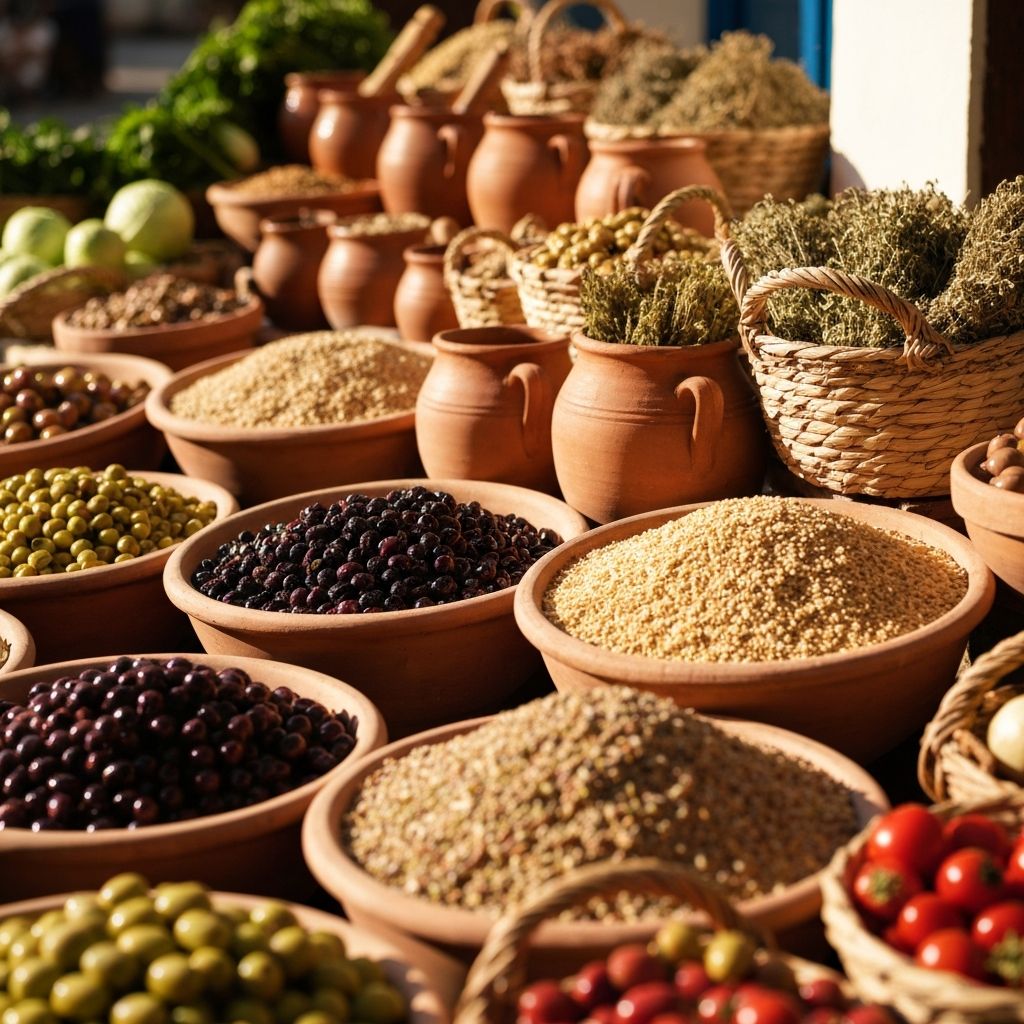 Αρχαία αγορά με εμπορευματοκιβώτια και προϊόντα